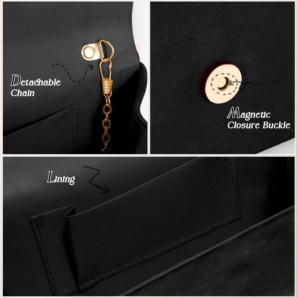 XquiziFit Clutch Purses for Women Formal Evening Clutch with Detachable Chain Faux Suede Purse for Wedding Party, Black thumbnail 3