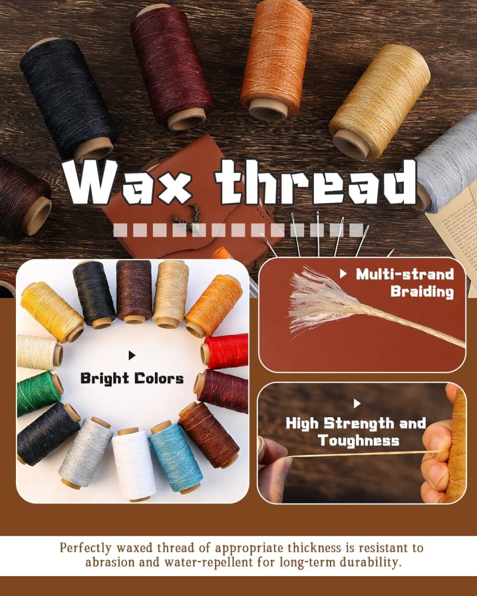 DIUDUS Yards Waxed Leather Thread, Leather Sewing Waxed Thread with Heavy Duty Leather Needles, Leather Thread for Hand Sewing Leather Craft Repair Leather Shoes Bags Sofa (Black) thumbnail 2