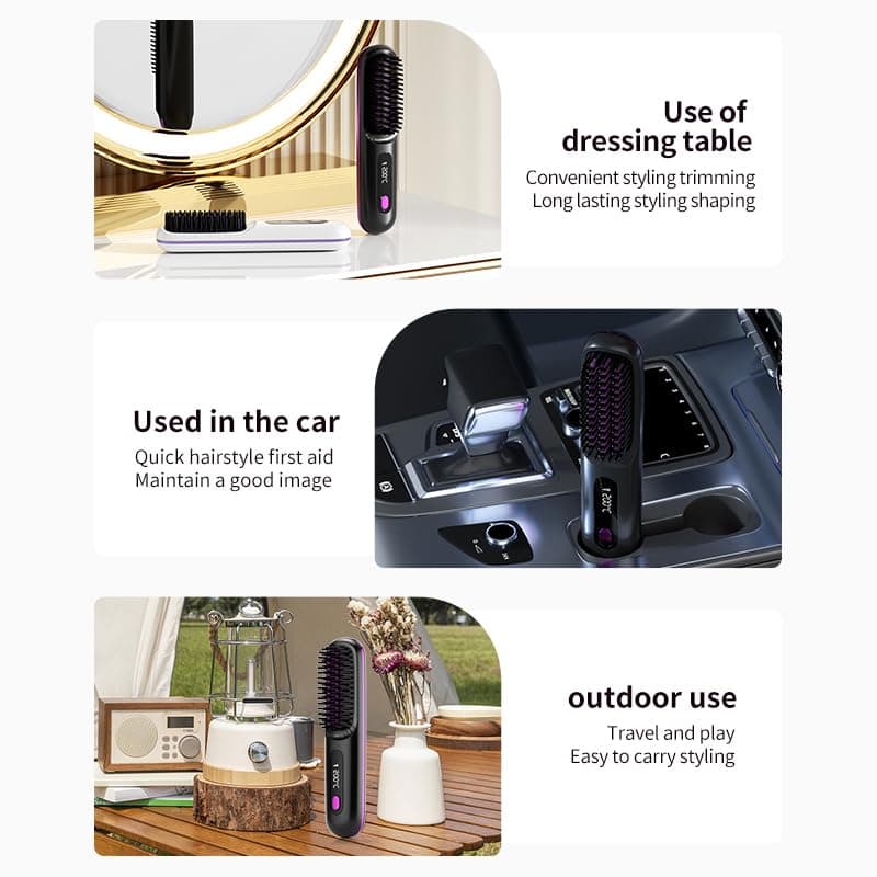 2026 New Go Brush Pro for Short Hair, Portable Straightener Brushs for Travel, with LCD Temperature Display,Fast Heating Cordless Mini Hair Brushs (Purple) thumbnail 5