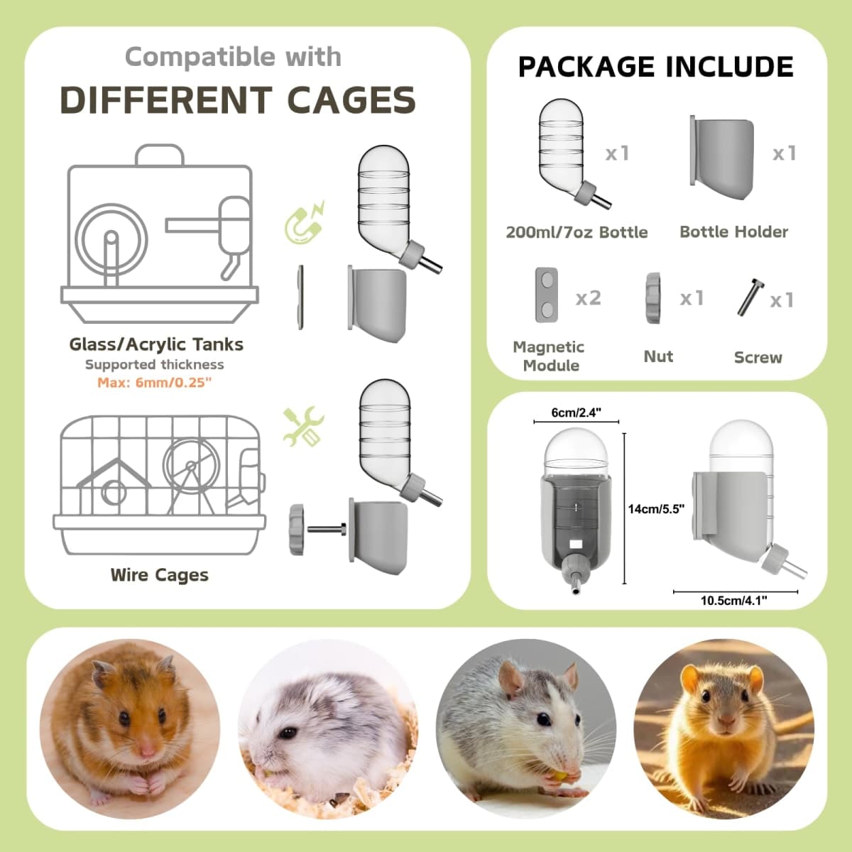 Hamster Water Bottle with Magnetic Holder, Freestanding Water Bottle for Glass Tanks, Suitable for Syrian Dwarf Hamsters Gerbils Mice Rats Degus thumbnail 3