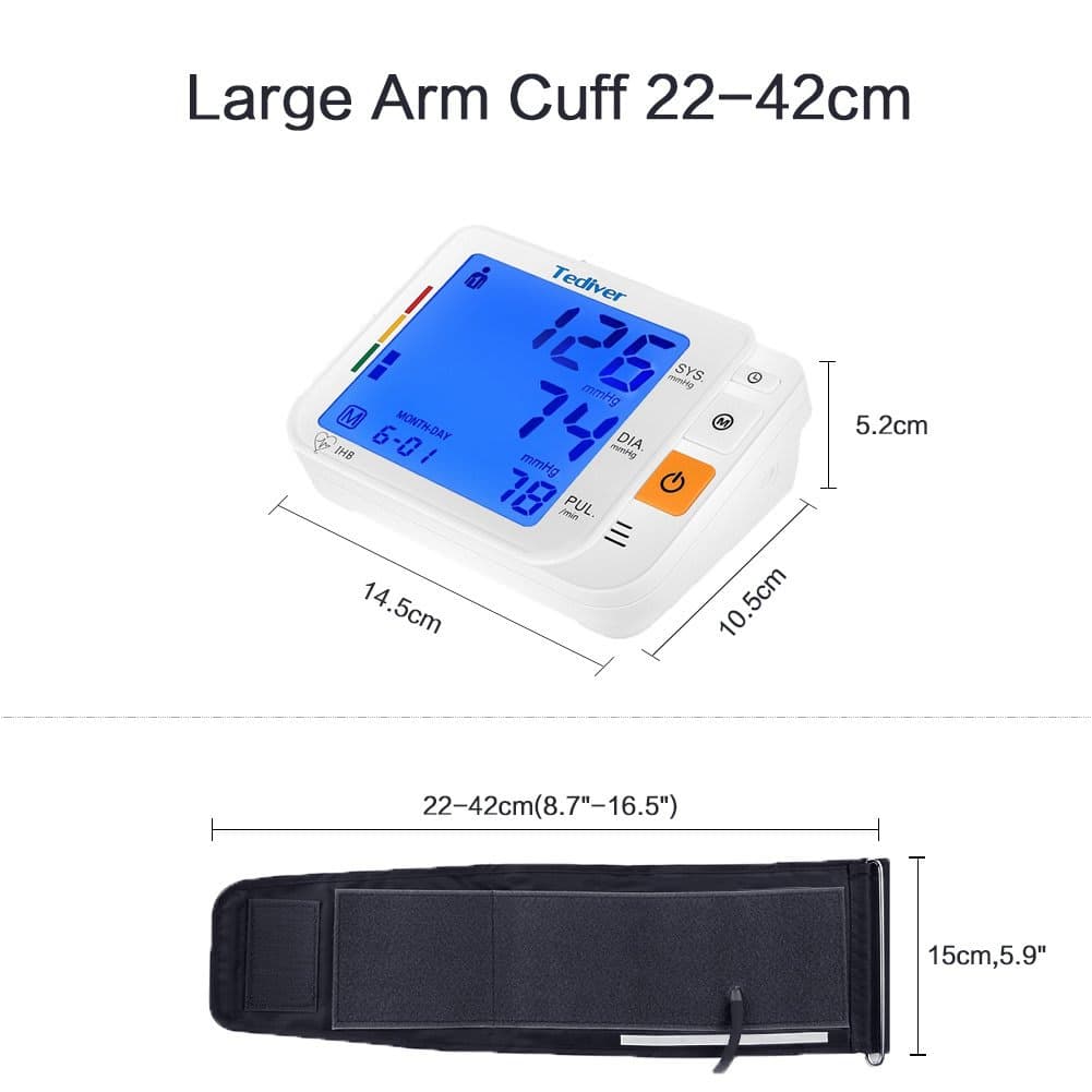 Tediver Digital Blood Pressure Monitor, Large Cuff 0.7-1.3 Feet, Electric Upper Arm Blood Pressure Machine with Electric Powered Charger and Device Case, Backlight LCD Screen, 2 Year Warranty thumbnail 2