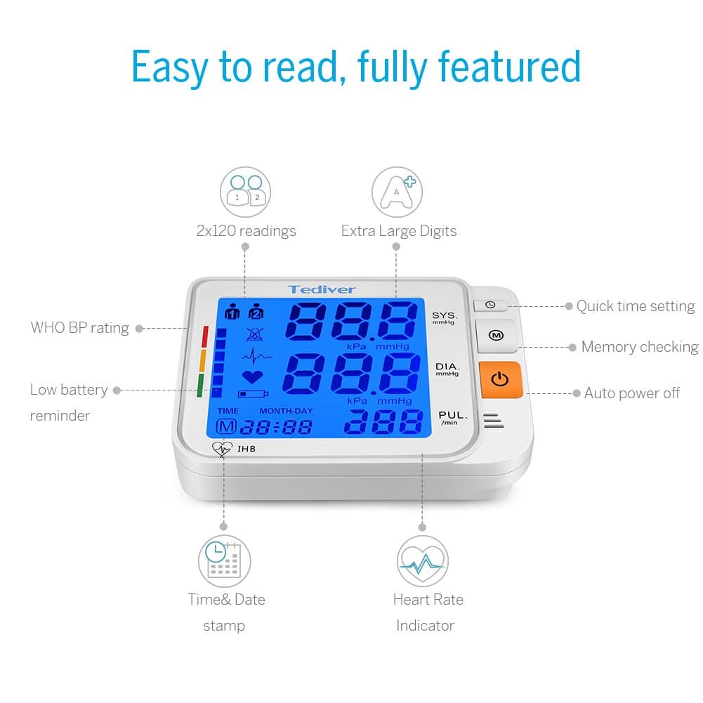 Tediver Digital Blood Pressure Monitor, Large Cuff 0.7-1.3 Feet, Electric Upper Arm Blood Pressure Machine with Electric Powered Charger and Device Case, Backlight LCD Screen, 2 Year Warranty thumbnail 4