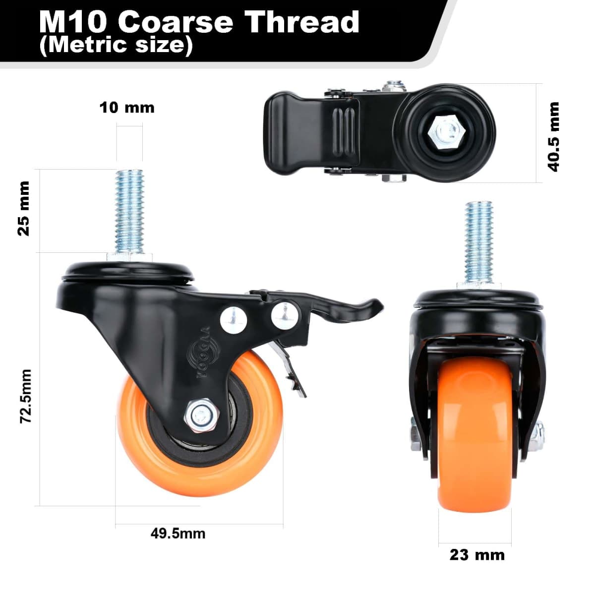 2" Stem Caster Wheels M10 Safety Dual Locking 600Lbs Heavy Duty Threaded Stem Casters No Noise Swivel Castors with Brakes for Cart Furniture thumbnail 2