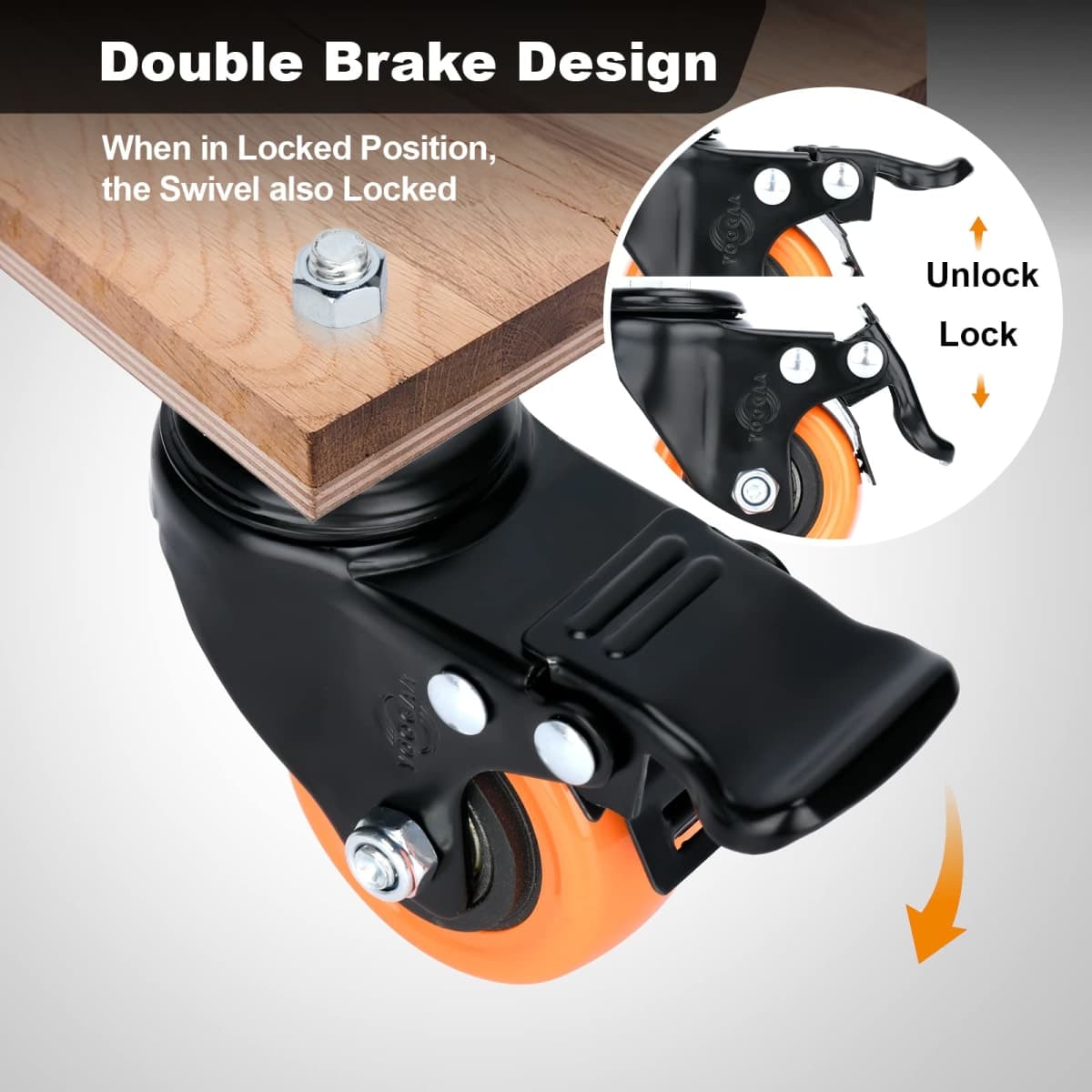 2" Stem Caster Wheels M10 Safety Dual Locking 600Lbs Heavy Duty Threaded Stem Casters No Noise Swivel Castors with Brakes for Cart Furniture thumbnail 5