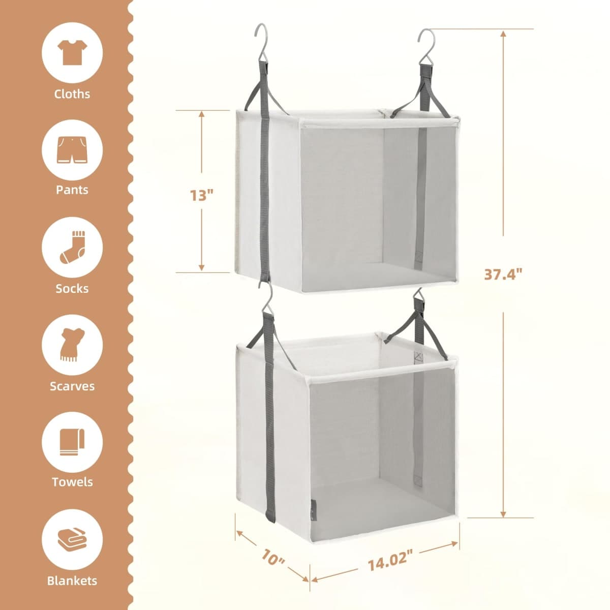 STORAGE MANIAC 2-Shelf Hanging Closet Organizer, Cloth Hanging Closet Shelf, Hanging Closets Baskets with Hooks for Dorm, Apt, Bedroom, College, Garment Rack, Wardrobe, Fabric with Mesh, Ivory thumbnail 2