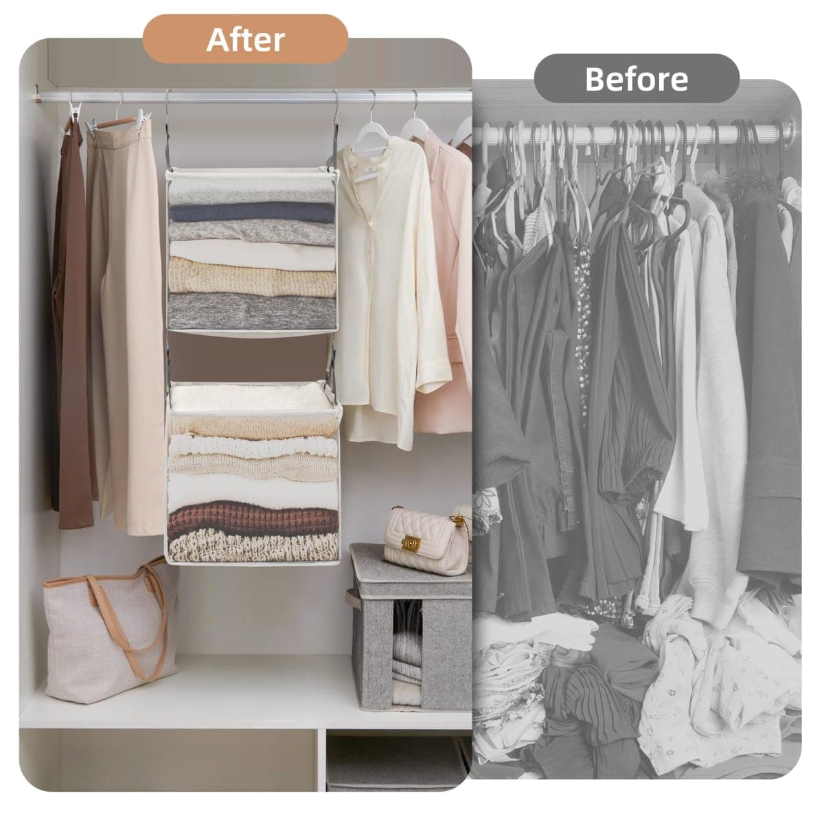 STORAGE MANIAC 2-Shelf Hanging Closet Organizer, Cloth Hanging Closet Shelf, Hanging Closets Baskets with Hooks for Dorm, Apt, Bedroom, College, Garment Rack, Wardrobe, Fabric with Mesh, Ivory thumbnail 3