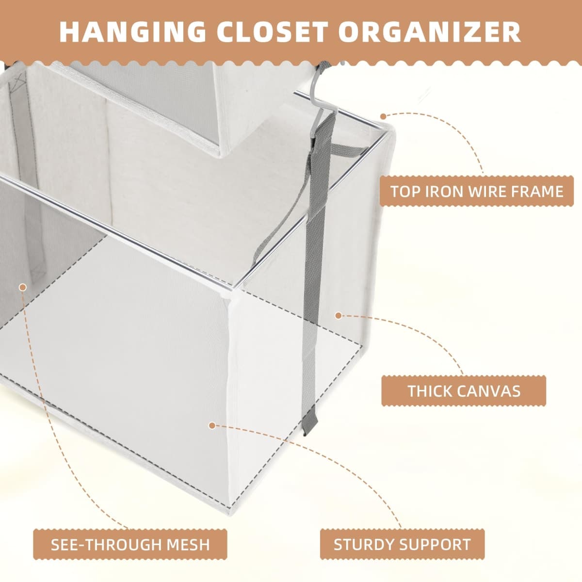 STORAGE MANIAC 2-Shelf Hanging Closet Organizer, Cloth Hanging Closet Shelf, Hanging Closets Baskets with Hooks for Dorm, Apt, Bedroom, College, Garment Rack, Wardrobe, Fabric with Mesh, Ivory thumbnail 4