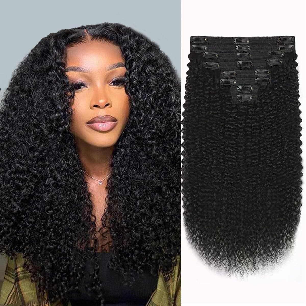 Burmese Curly Clip in Hair Extensions Real Human Hair Brazilian Hair Clip ins for Black Women Spirally Curly Classic Clips Ins with 8PCs 18Clips 120g Natural Black (Burmese curly #1B, 20 Inch) — image 1