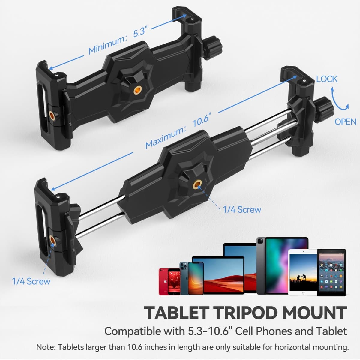 KDD iPad and Phone Tripod Mount Adapter with Ball Head, iPad Holder for Tripod, 360 Rotatable Tablet Clamp Mount fits iPad Pro 12.9, Air Mini 3 4, Galaxy Tab, Surface Pro, Selfie Stick(5.3-10.6") thumbnail 2