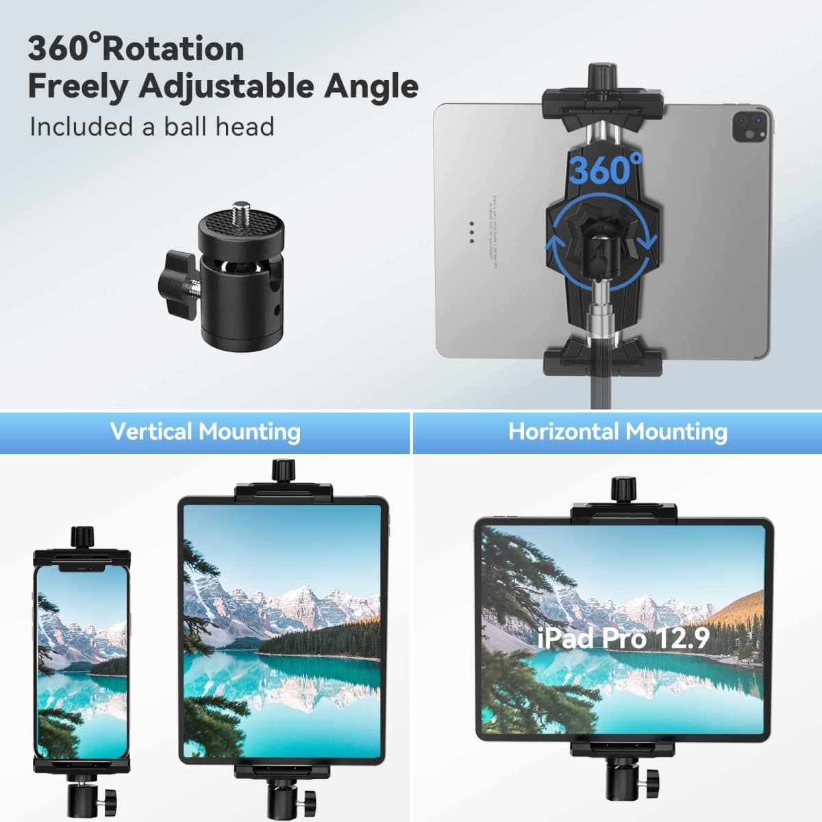 KDD iPad and Phone Tripod Mount Adapter with Ball Head, iPad Holder for Tripod, 360 Rotatable Tablet Clamp Mount fits iPad Pro 12.9, Air Mini 3 4, Galaxy Tab, Surface Pro, Selfie Stick(5.3-10.6") thumbnail 3