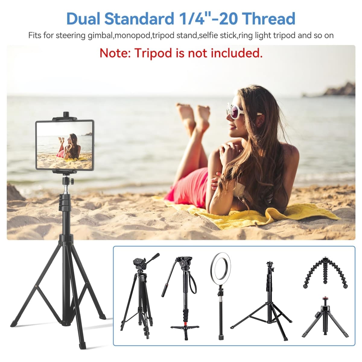 KDD iPad and Phone Tripod Mount Adapter with Ball Head, iPad Holder for Tripod, 360 Rotatable Tablet Clamp Mount fits iPad Pro 12.9, Air Mini 3 4, Galaxy Tab, Surface Pro, Selfie Stick(5.3-10.6") thumbnail 4