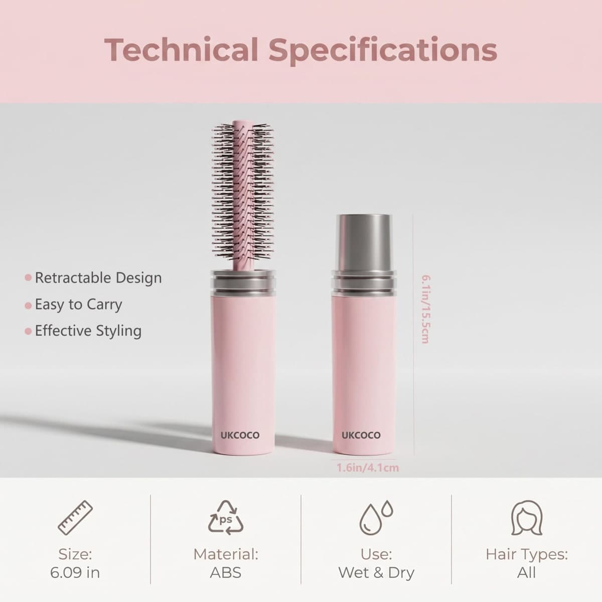 UKCOCO Retractable Travel Round Hair Brush, Compact Mini HairBrush for Blowout & Styling, Portable Detangling Round Brush for Bangs, Curling, Straightening, Thick and Thin Hair, Pink thumbnail 2