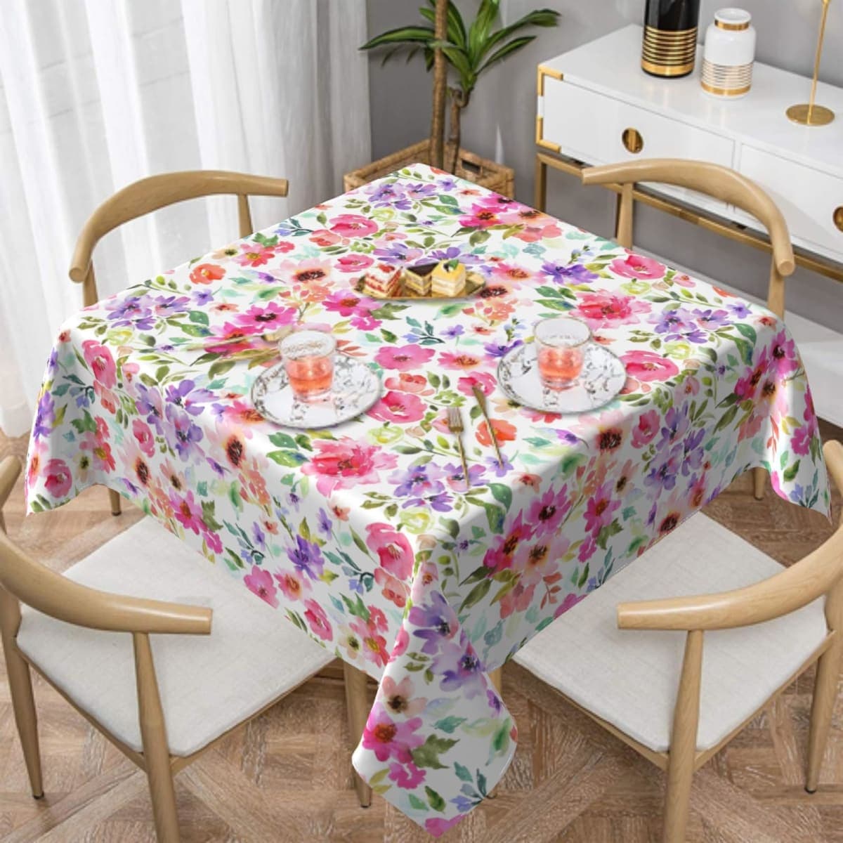 Spring Floral Square Tablecloth 52x52 Inch Green Pink Purple Watercolor Flower Decorative Summer Table Cloth Washable Fabric Farmhouse Seasonal Tablecloths for Home Kitchen Party Dinner Decor thumbnail 2