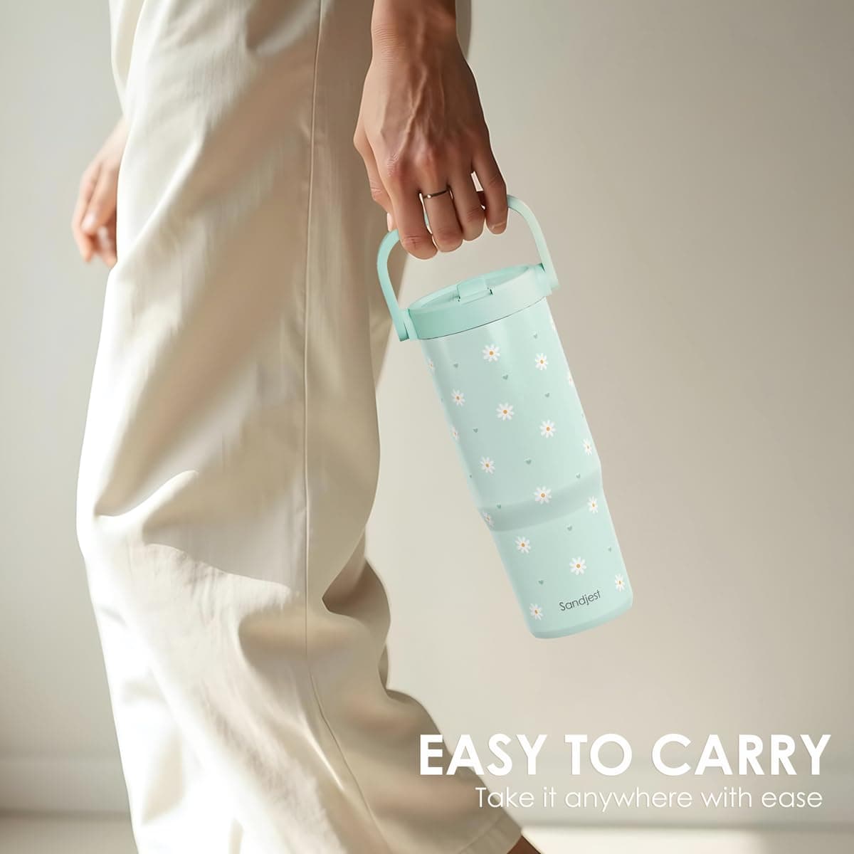 Daisy Stainless Steel Straw Lid Tumbler 30oz with Carry Handle for Women Girls, Insulated Travel Coffee Cup, Gift for Sports Outdoor Workout Christmas Birthday (Mint) thumbnail 5