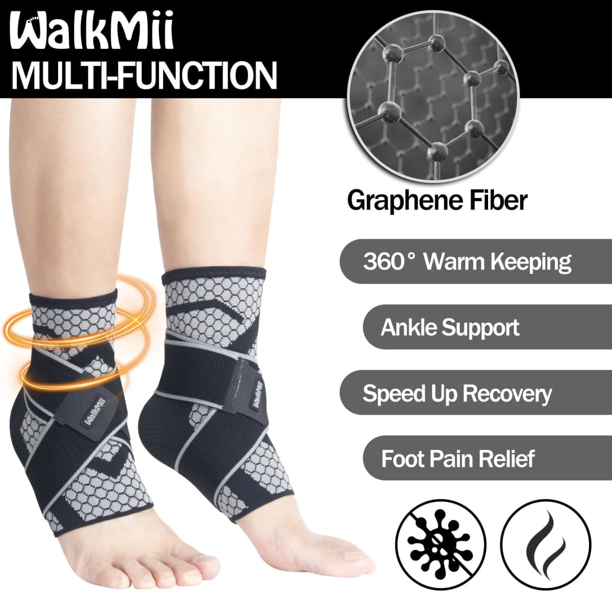 WalkMii Ankle Compression Sleeves (1 Pair)-Ankle Brace for Achilles Tendonitis, Sprain, Pain Relief, Plantar Fasciitis Ankle Support Socks with Adjustable Strap for Women & Men-M thumbnail 2