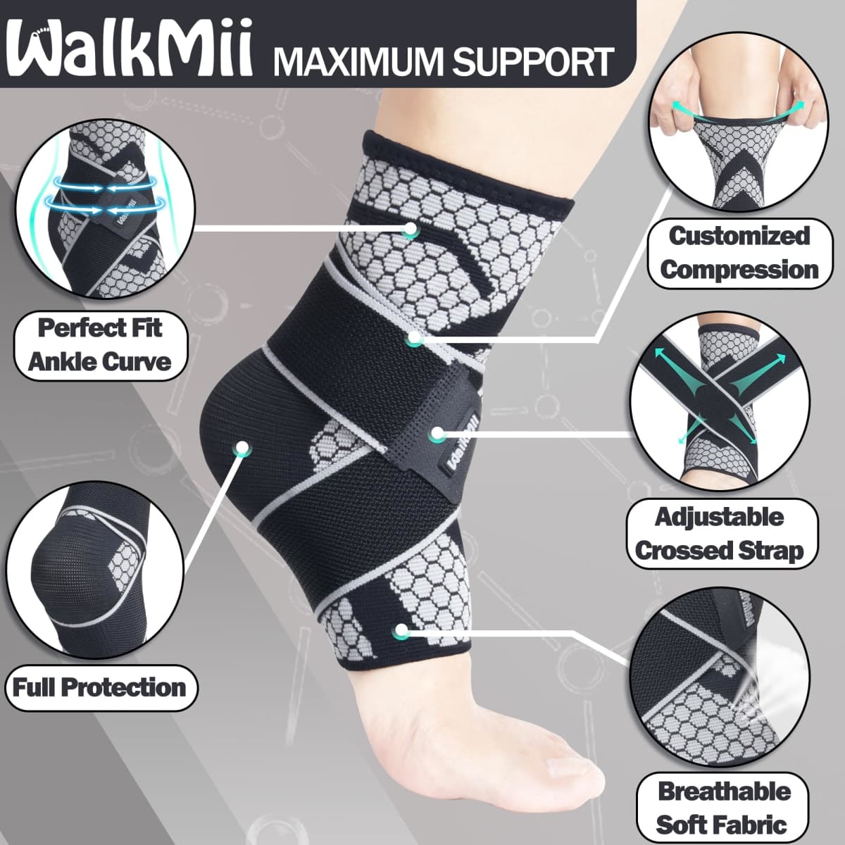 WalkMii Ankle Compression Sleeves (1 Pair)-Ankle Brace for Achilles Tendonitis, Sprain, Pain Relief, Plantar Fasciitis Ankle Support Socks with Adjustable Strap for Women & Men-M thumbnail 3