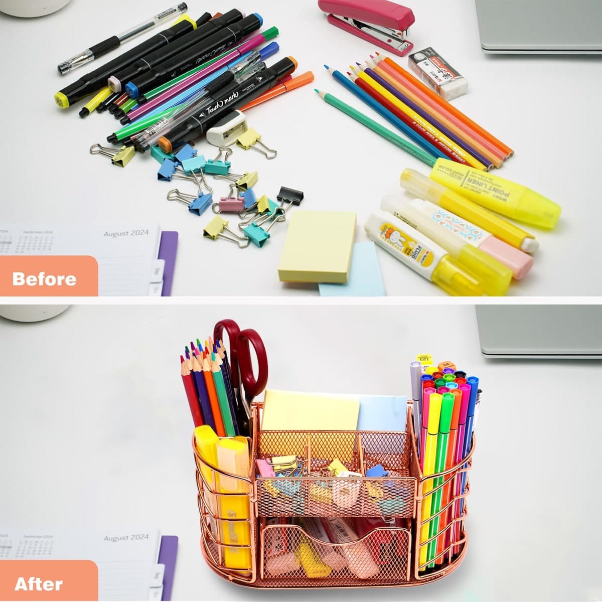 Marbyraz Desk Organizer, Pen Holder for Desk, Metal Pencil Caddy Storage for Desktop Office Supplies (Rose Gold) thumbnail 4