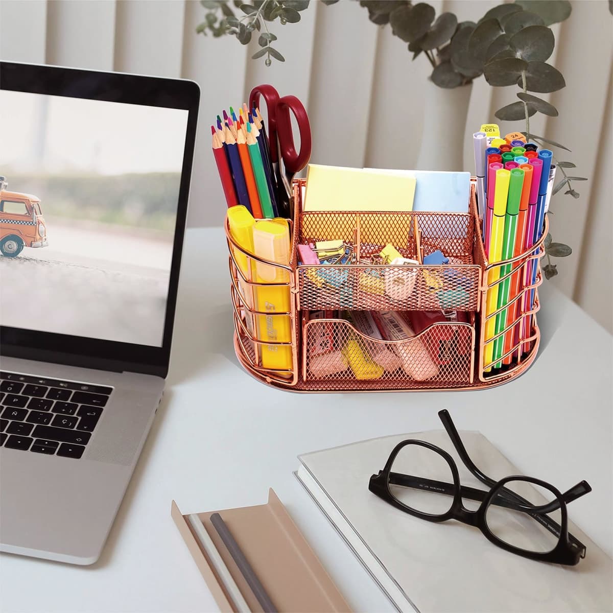 Marbyraz Desk Organizer, Pen Holder for Desk, Metal Pencil Caddy Storage for Desktop Office Supplies (Rose Gold) thumbnail 5