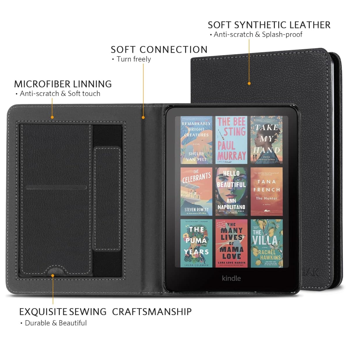 CoBak Case with Stand for Kindle Paperwhite 12th Gen 2024 Released (7") & Kindle Colorsoft Signature Edition - Durable PU Leather Cover with Auto Sleep Wake, Card Slot, Hand Strap Feature, Black thumbnail 3