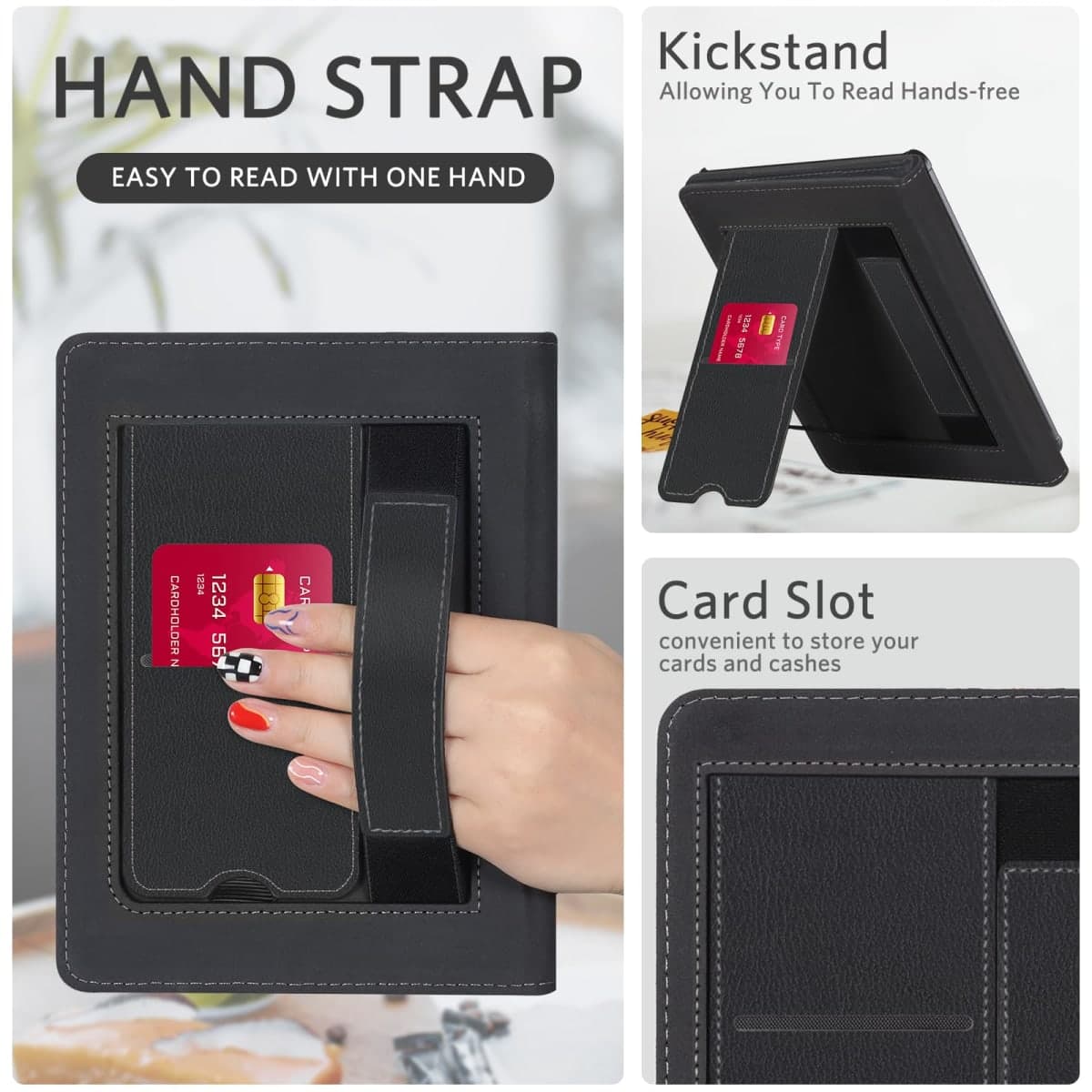 CoBak Case with Stand for Kindle Paperwhite 12th Gen 2024 Released (7") & Kindle Colorsoft Signature Edition - Durable PU Leather Cover with Auto Sleep Wake, Card Slot, Hand Strap Feature, Black thumbnail 4