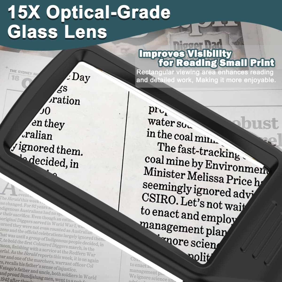 EVESVO 15X Magnifying Glass with Light for Reading, Real Glass Lens, 3 Color Modes Dimmable, LED Lighted Handheld Page Magnifier for Reading Small Prints, Seniors Low Vision Macular Degeneration thumbnail 2