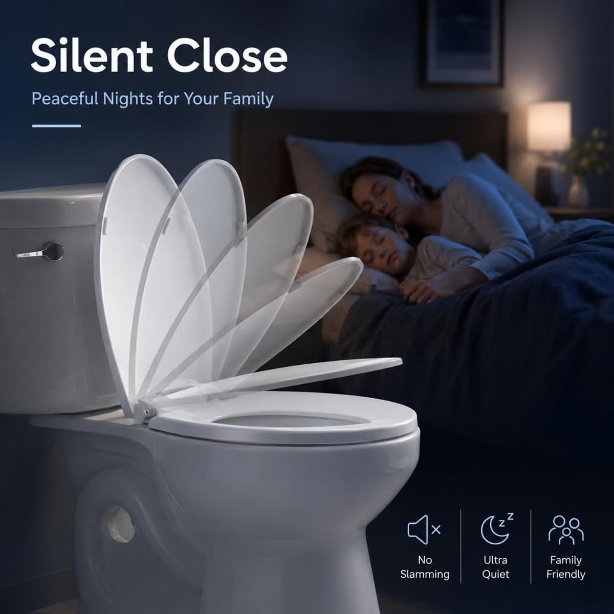 Elongated Toilet Seat, Slow Close, White Plastic, Never Loosen, 18.5” thumbnail 2