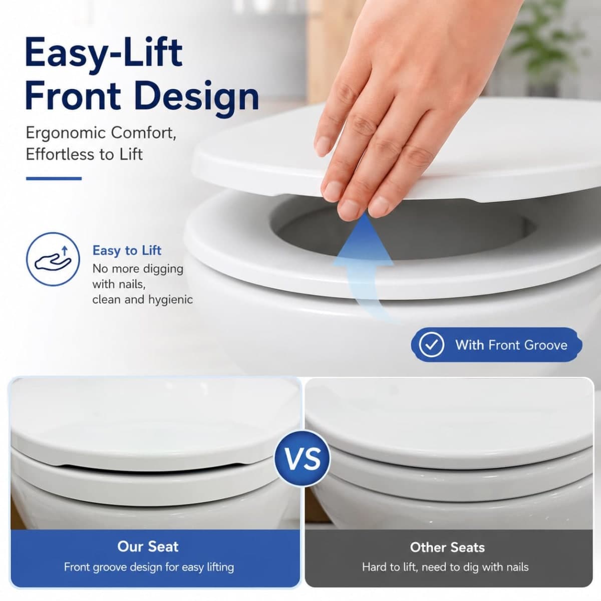 Elongated Toilet Seat, Slow Close, White Plastic, Never Loosen, 18.5” thumbnail 4