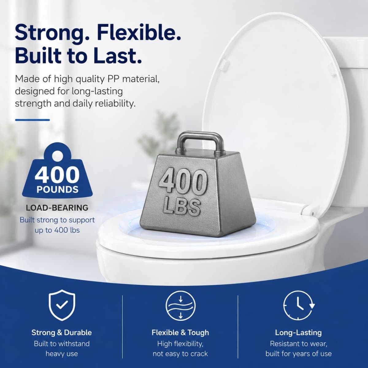 Elongated Toilet Seat, Slow Close, White Plastic, Never Loosen, 18.5” thumbnail 5