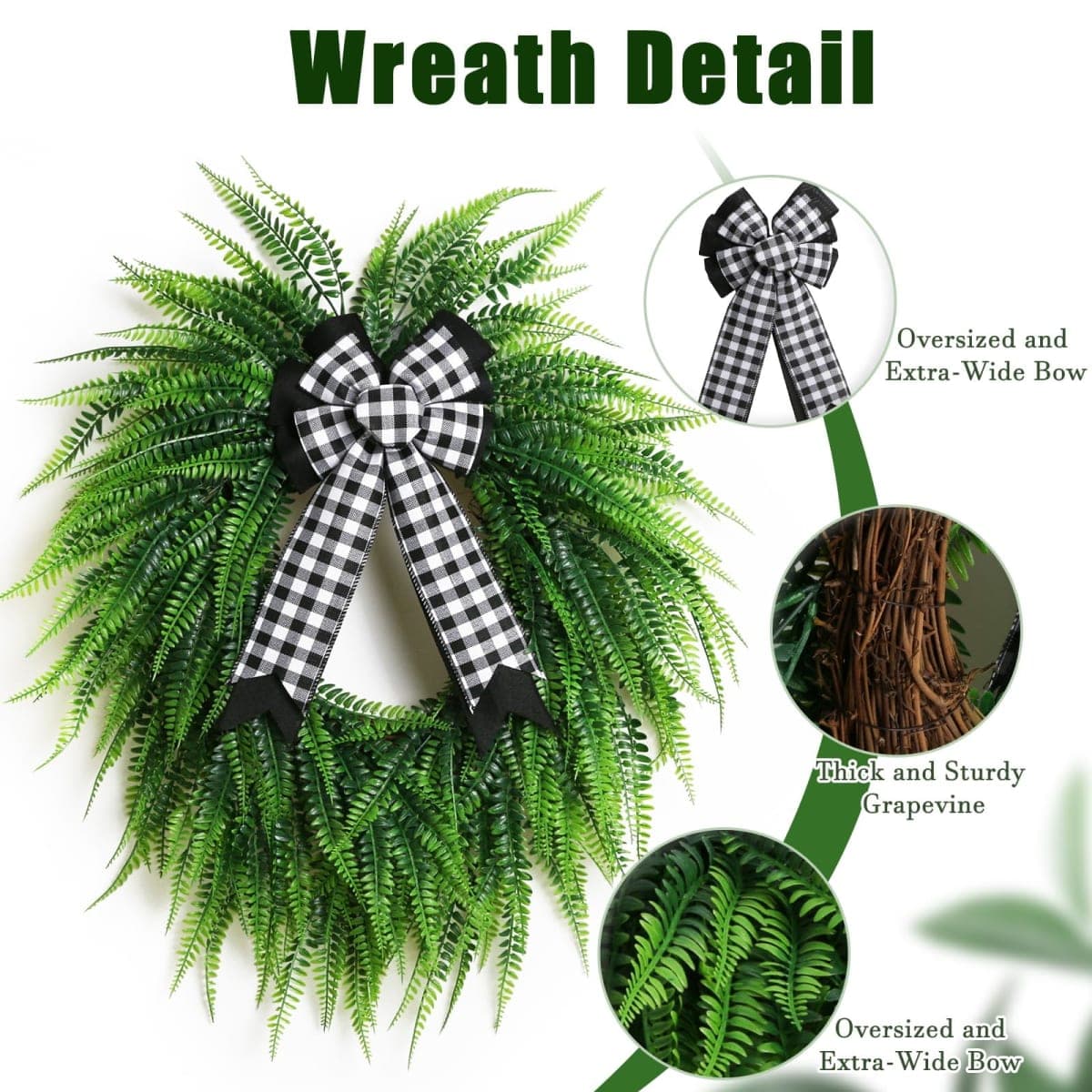 Wreaths for Front Door,24" Spring Summer Greenery Boston Fern Leaf for Outdoor Wreath Home Farmhouse Wall Window Decor thumbnail 5