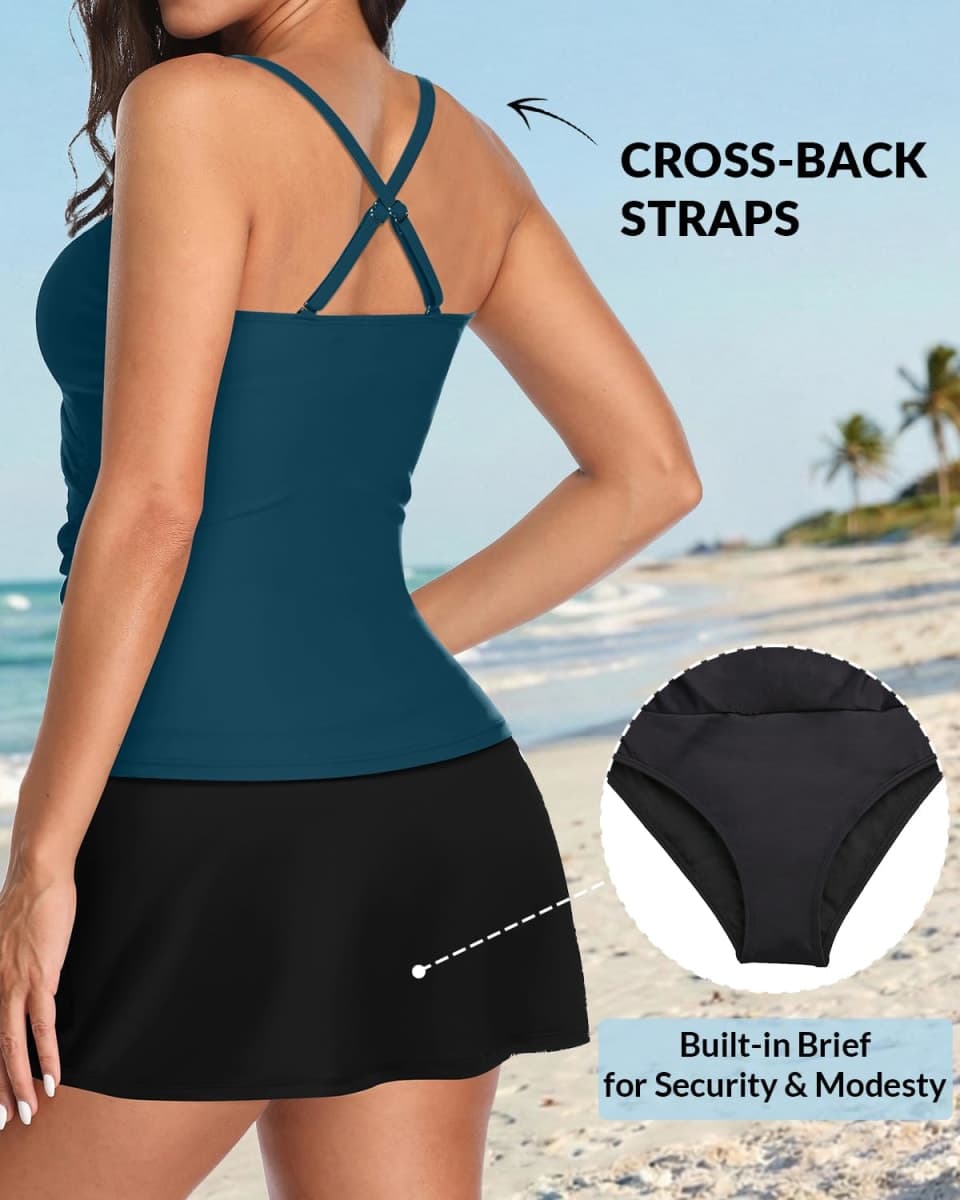 Talisea Womens Tankini Bathing Suits with Skirt Two Piece Tummy Control Swimsuits Ladies Swimwear Teal and Black XL thumbnail 3