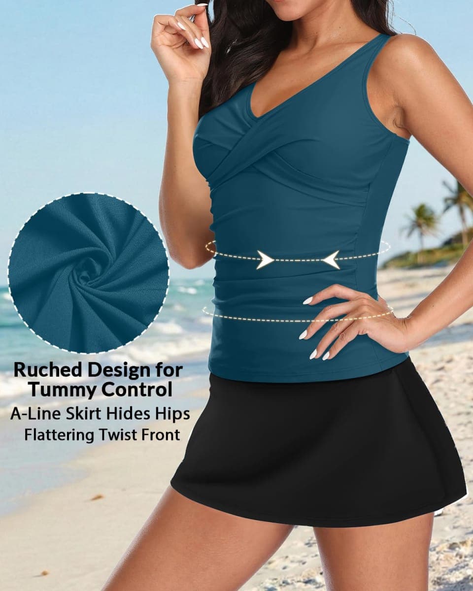 Talisea Womens Tankini Bathing Suits with Skirt Two Piece Tummy Control Swimsuits Ladies Swimwear Teal and Black XL thumbnail 4