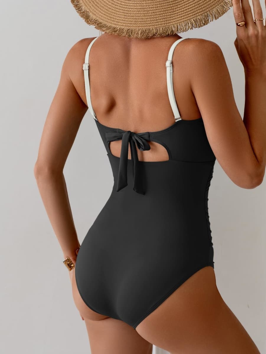 Aidonger Women's Push Up Wrap Swimsuit Tummy Control One Piece Bathing Suits Bandeau Color Block Slimming Swimwear, Black White, Medium thumbnail 2