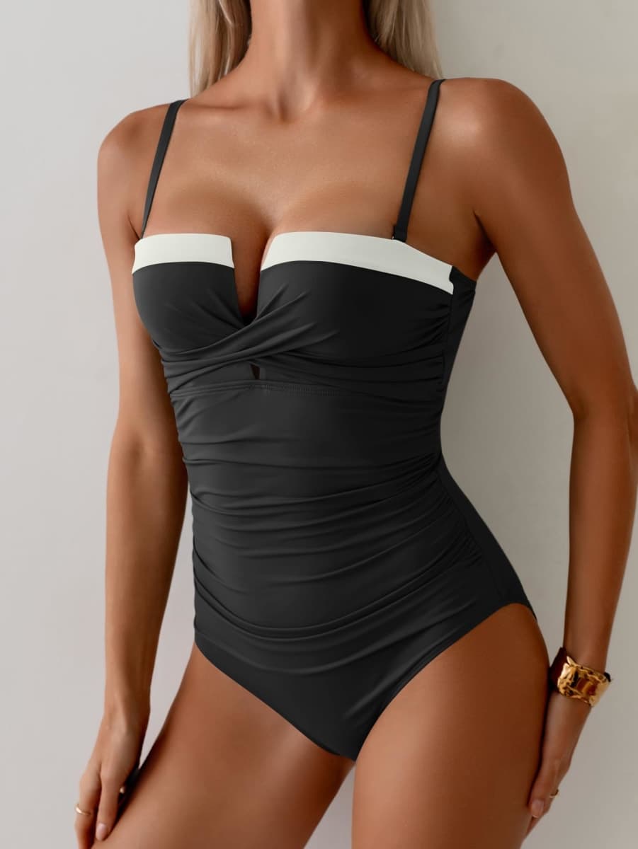 Aidonger Women's Push Up Wrap Swimsuit Tummy Control One Piece Bathing Suits Bandeau Color Block Slimming Swimwear, Black White, Medium thumbnail 3