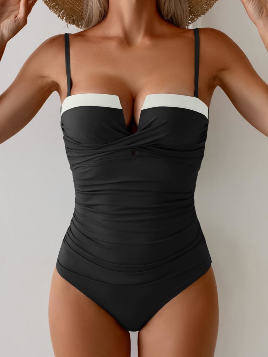 Aidonger Women's Push Up Wrap Swimsuit Tummy Control One Piece Bathing Suits Bandeau Color Block Slimming Swimwear, Black White, Medium thumbnail 5