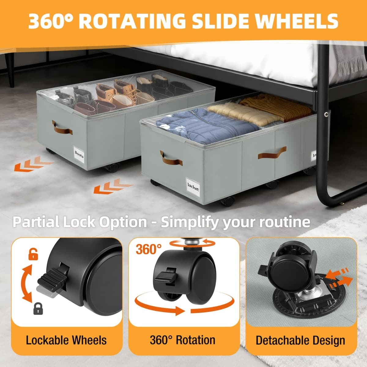 VatFott 11 inch Under Bed Storage with Wheels, 2-Pack Underbed Storage Containers for College Dorms Bedrooms Organization, Foldable Under Bed Drawers for Comforters, Blankets, Clothes & Shoes, Grey thumbnail 4