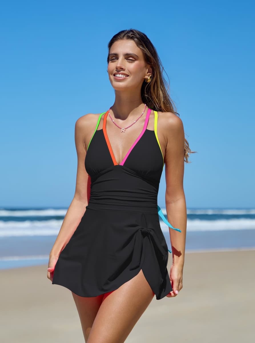 popvil Women Swim Dress, Criss Cross Tie Back One Piece Swimsuit, Black, Medium thumbnail 2