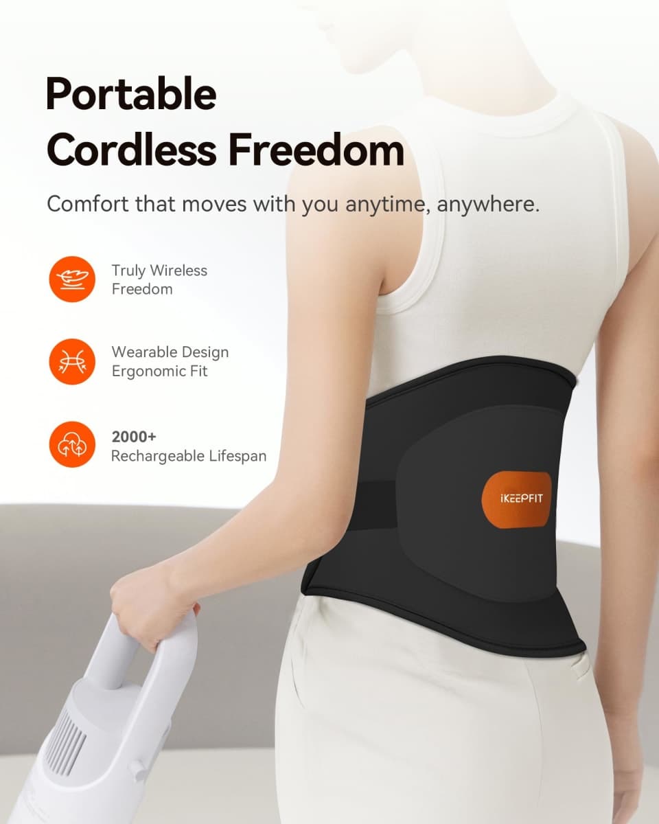 IKEEPFIT Portable Heating Pad for Back, Cordless Wearable Heat Belt with Massager for Lower Back Pain Relief, Battery Powered 8000 mAh Rechargeable, MAXwarm® 3.0, Gift for Women Men 90-310 lbs thumbnail 2