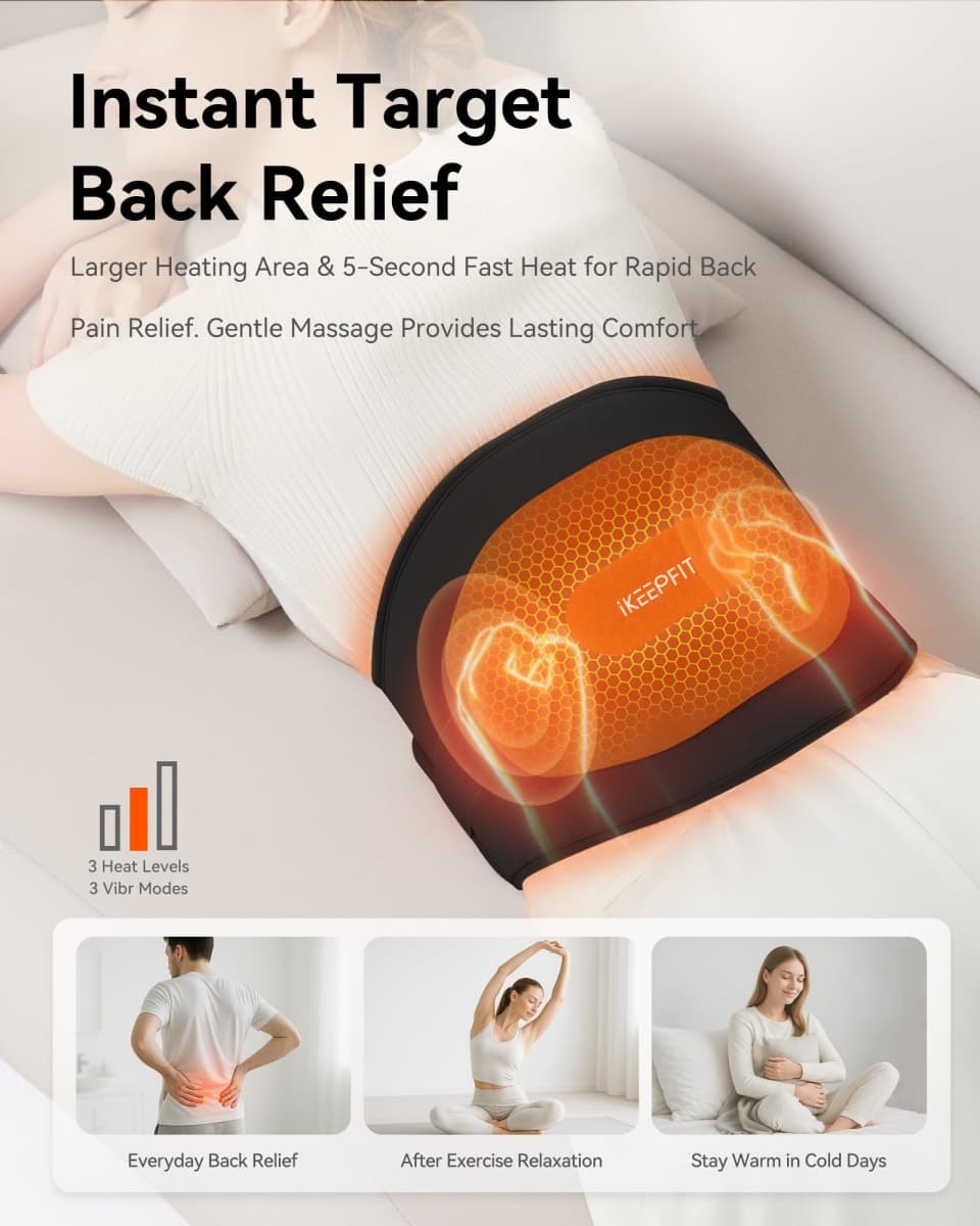 IKEEPFIT Portable Heating Pad for Back, Cordless Wearable Heat Belt with Massager for Lower Back Pain Relief, Battery Powered 8000 mAh Rechargeable, MAXwarm® 3.0, Gift for Women Men 90-310 lbs thumbnail 3