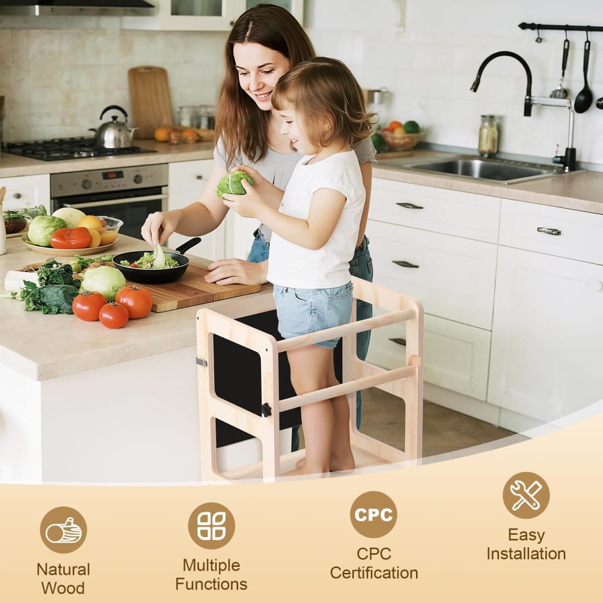 Toddler Standing Tower, 4-in-1 Toddler Step Stool with CPC Certification, Wooden Foldable Learning Tower for Kitchen & Bathroom Sink with Safety Rails thumbnail 2