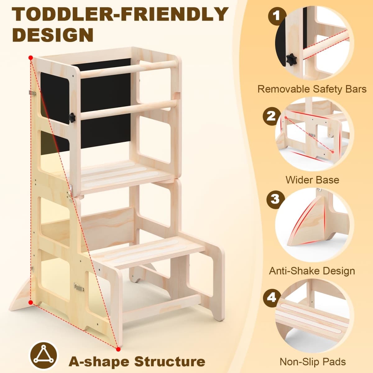 Toddler Standing Tower, 4-in-1 Toddler Step Stool with CPC Certification, Wooden Foldable Learning Tower for Kitchen & Bathroom Sink with Safety Rails thumbnail 3