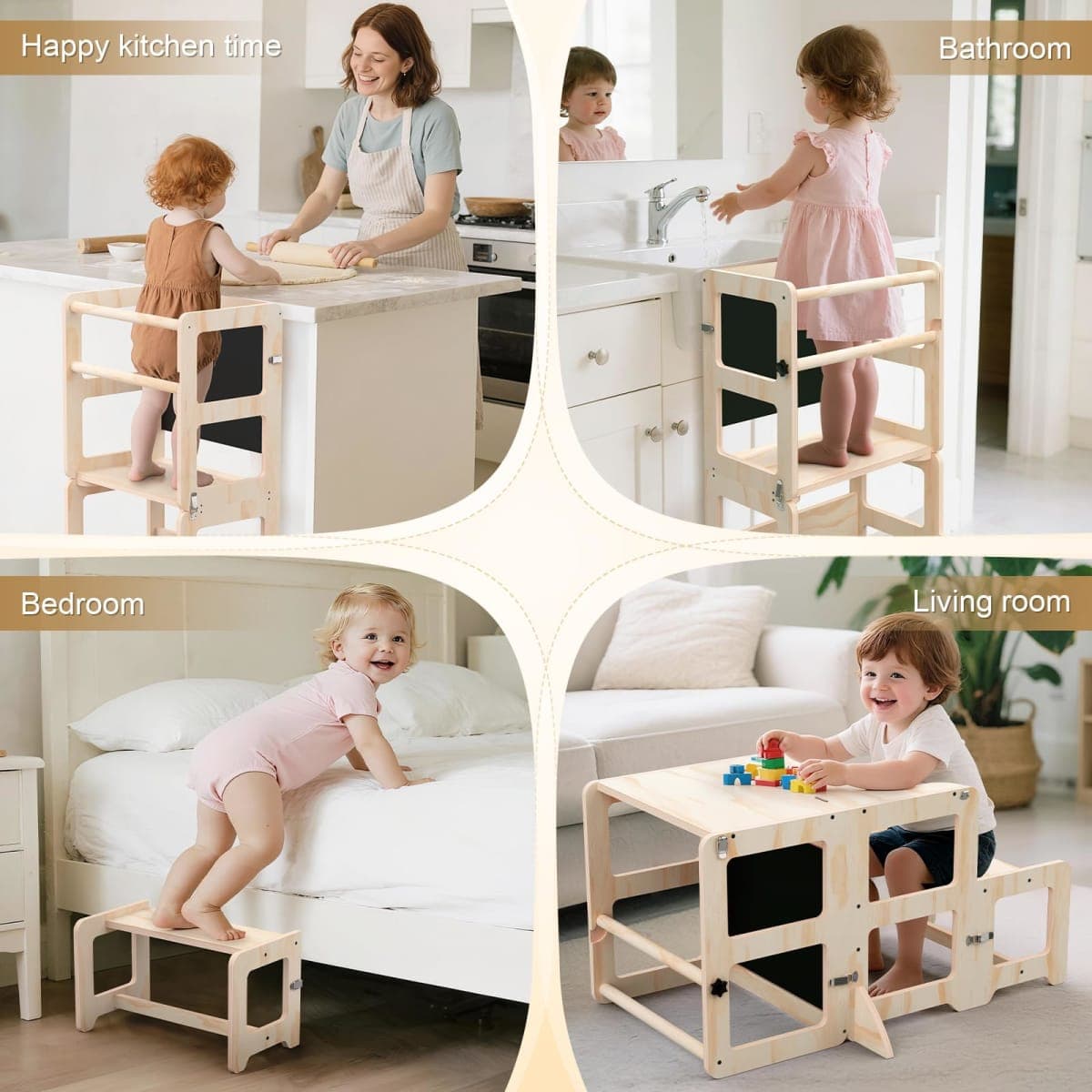 Toddler Standing Tower, 4-in-1 Toddler Step Stool with CPC Certification, Wooden Foldable Learning Tower for Kitchen & Bathroom Sink with Safety Rails thumbnail 4