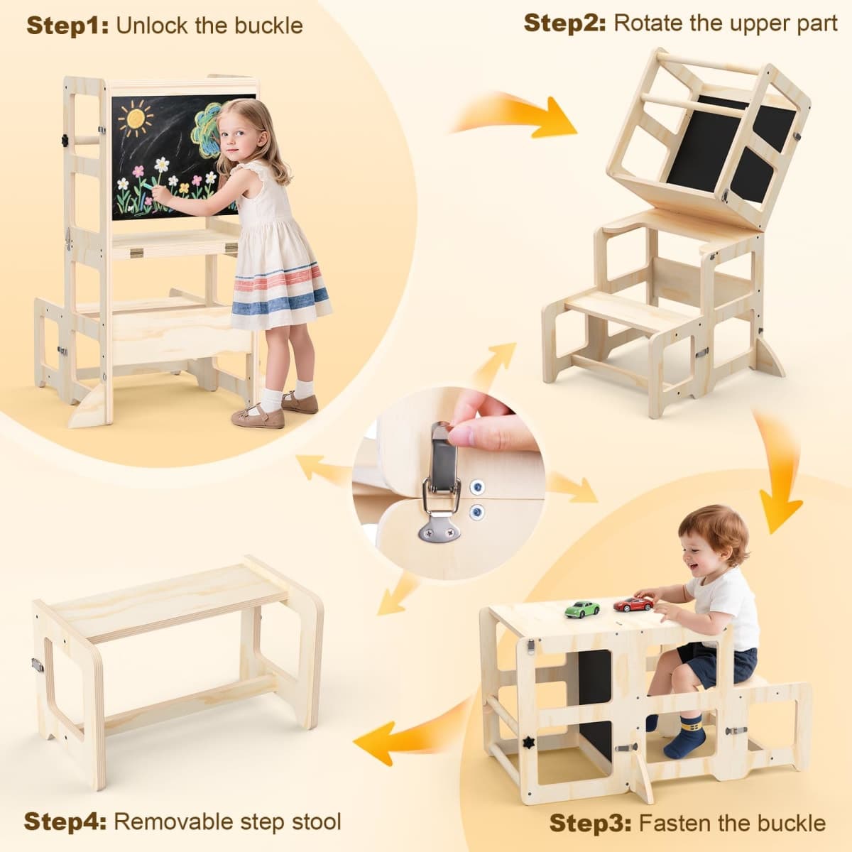 Toddler Standing Tower, 4-in-1 Toddler Step Stool with CPC Certification, Wooden Foldable Learning Tower for Kitchen & Bathroom Sink with Safety Rails thumbnail 5
