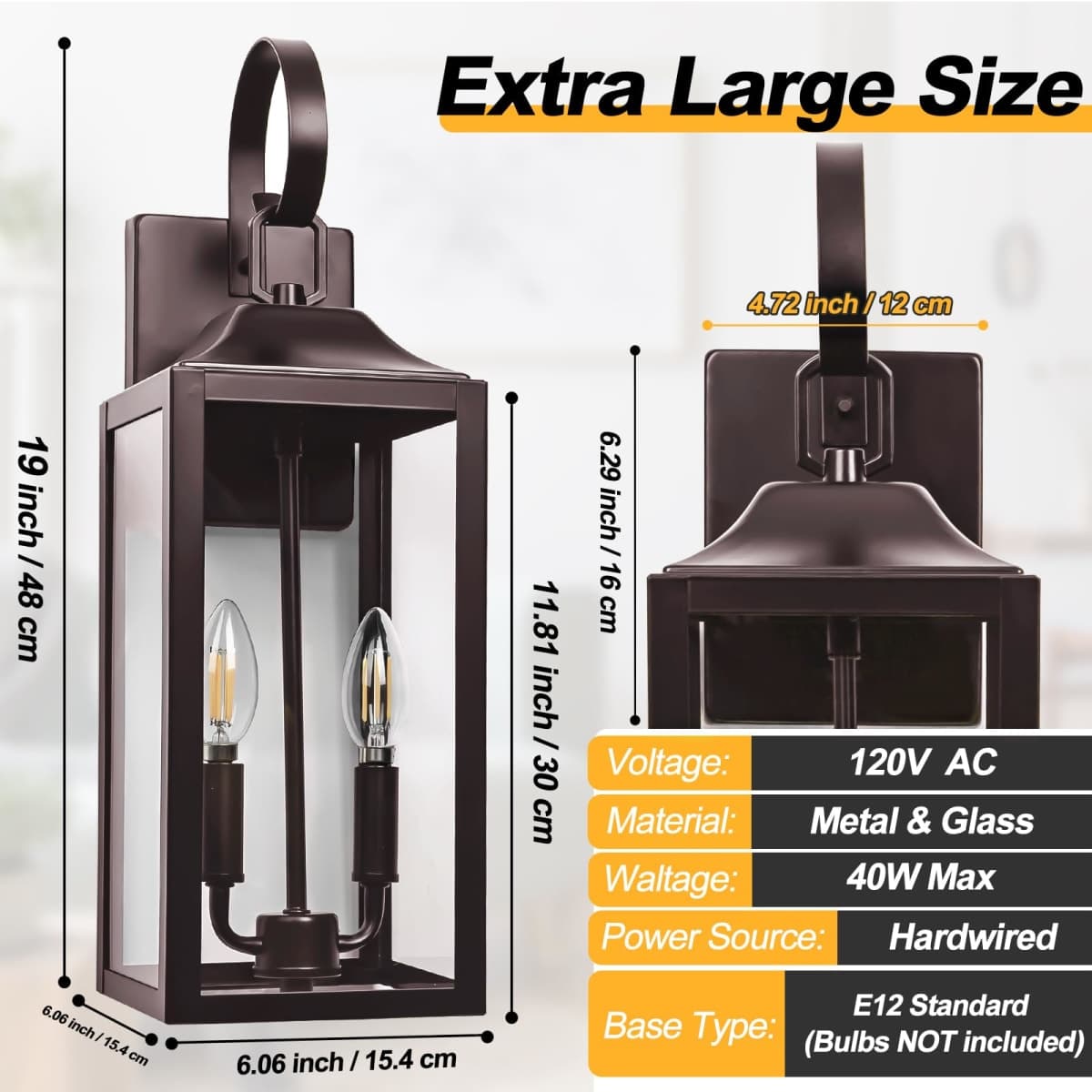 19" Oil Rubbed Bronze Outdoor Wall Lantern 2-Light, Large Outside Modern Wall Sconce Light Fixture, Brown Porch Light Wall Mount with Glass, Waterproof Farmhouse Exterior Lamp Lighting thumbnail 3