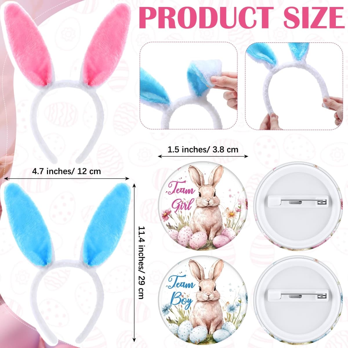 Wavwavw 48 Pcs Easter Gender Reveal Party Supplies Blue and Pink Bunny Ears Headbands Team Button Pins Bunny Party Favors Gender Reveal Ideas Games Supplies thumbnail 2