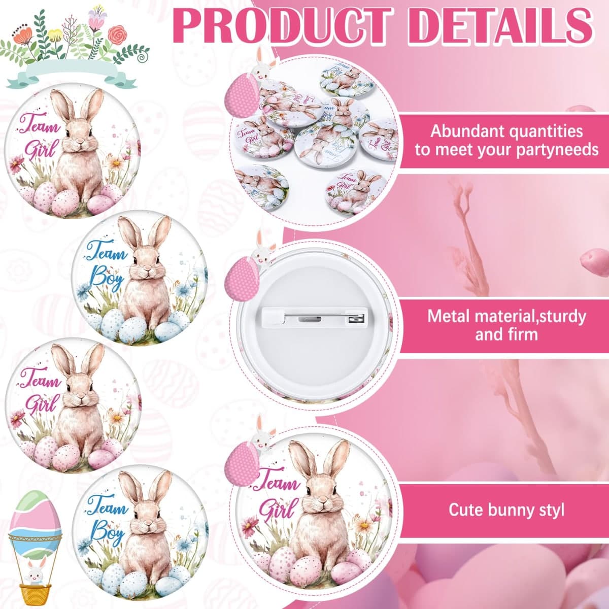 Wavwavw 48 Pcs Easter Gender Reveal Party Supplies Blue and Pink Bunny Ears Headbands Team Button Pins Bunny Party Favors Gender Reveal Ideas Games Supplies thumbnail 3