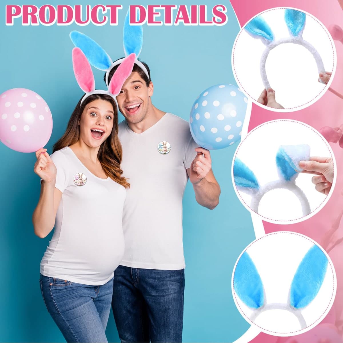 Wavwavw 48 Pcs Easter Gender Reveal Party Supplies Blue and Pink Bunny Ears Headbands Team Button Pins Bunny Party Favors Gender Reveal Ideas Games Supplies thumbnail 4