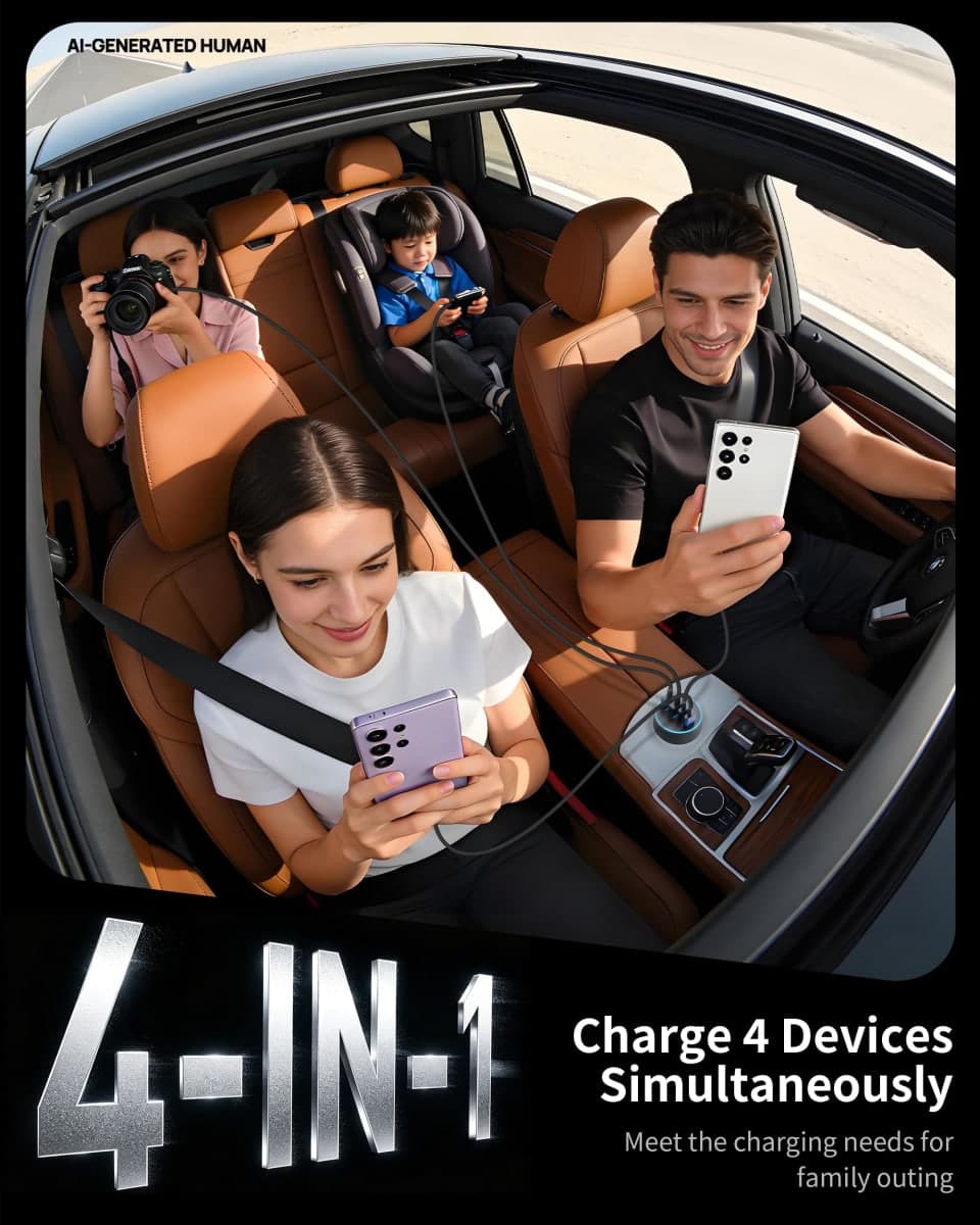 USB C Car Charger, 4-Port 90W Cigarette Lighter USB Charger Adapter, Dual USB-C & USB-A Car Phone Charger Accessories Fast Charging for iPhone 17 16 15 14 13 12 Pro Max, iPad, Galaxy S26 S25, Android thumbnail 3