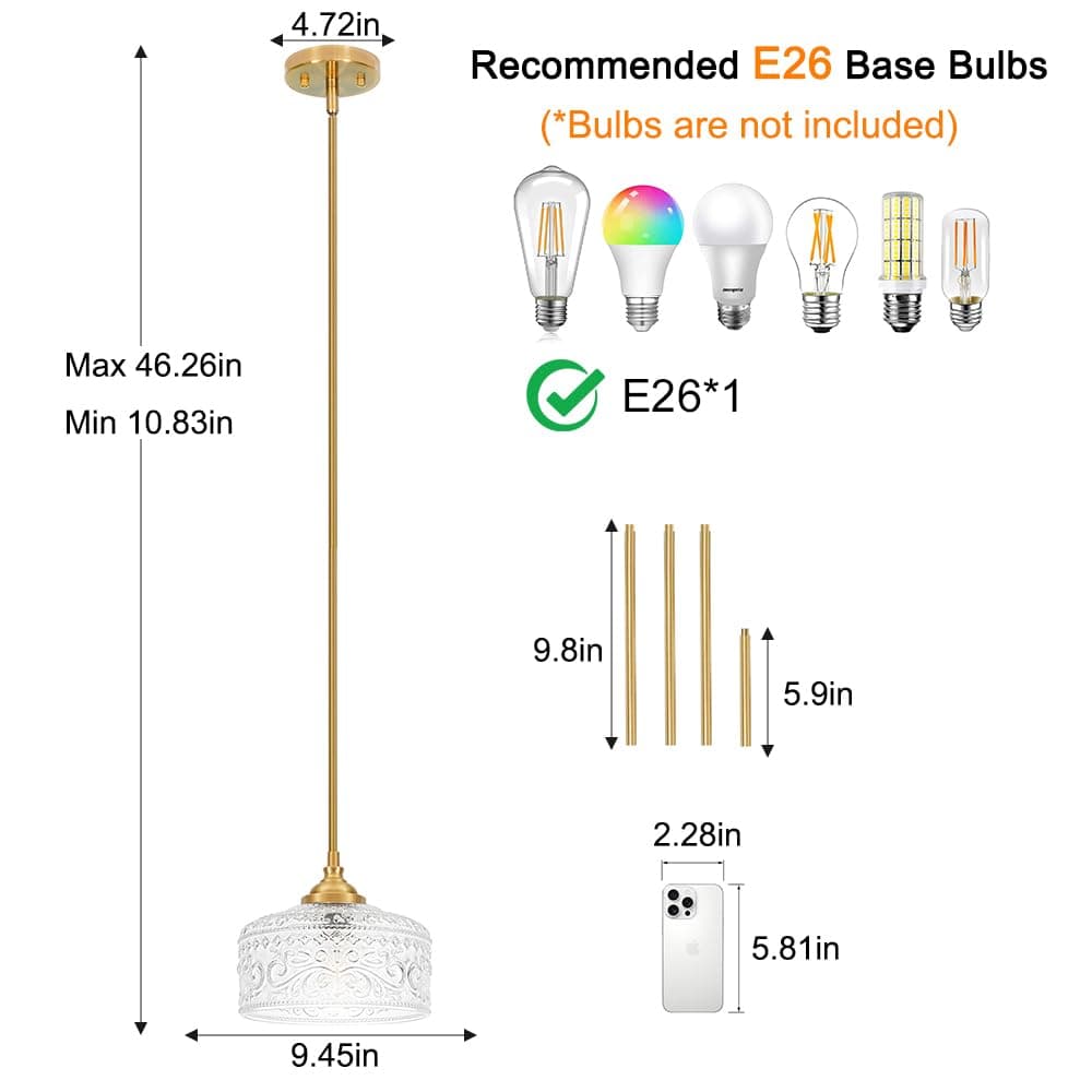 Gold Pendant Lights Kitchen Island, Vintage Bathroom Pendant Light With Clear Glass Shade, Adjustable Height Pendant Light - Dual Mount Ceiling & Hanging Fixtures With 90° Swivel For Home, E26 Bulb thumbnail 4