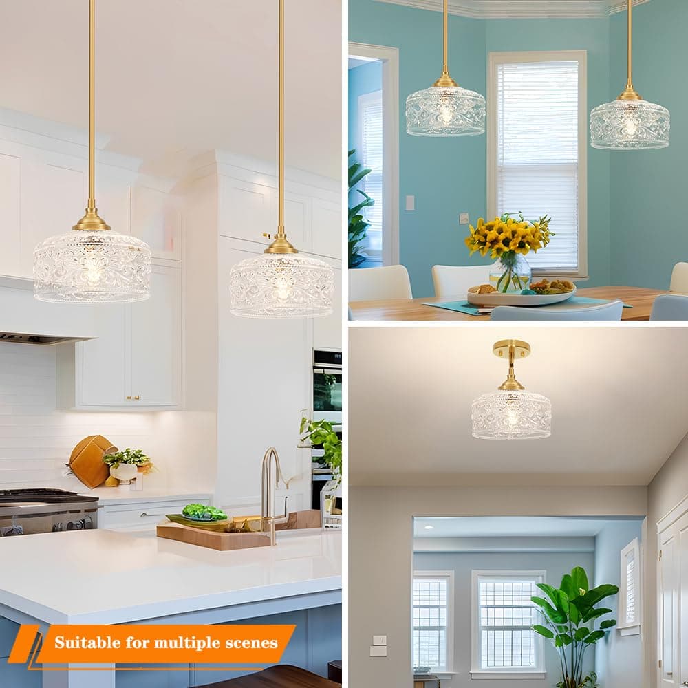 Gold Pendant Lights Kitchen Island, Vintage Bathroom Pendant Light With Clear Glass Shade, Adjustable Height Pendant Light - Dual Mount Ceiling & Hanging Fixtures With 90° Swivel For Home, E26 Bulb thumbnail 5