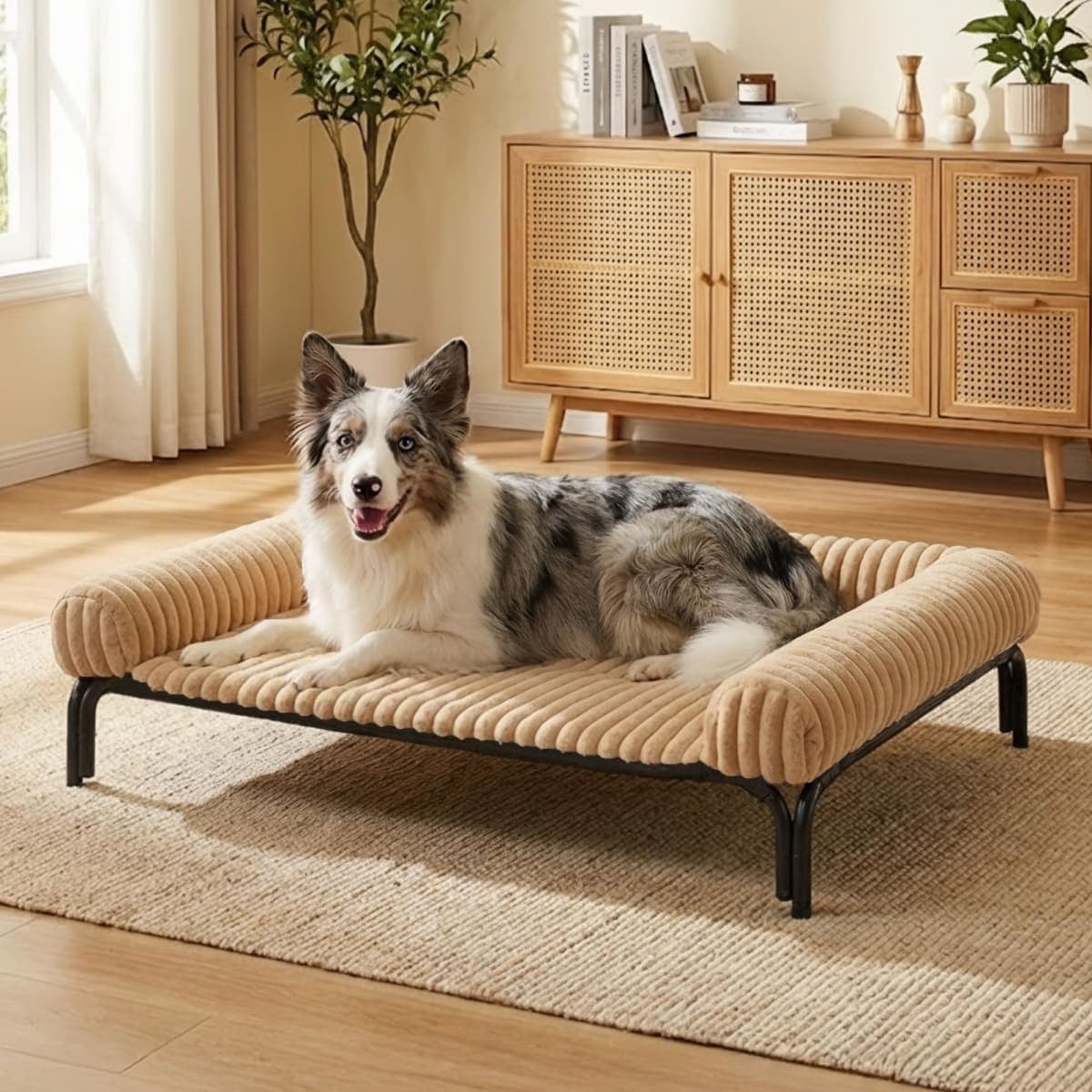 Elevated Dog Bed with Removable Fluffy Pillow Cushion, Raised Pet Cot Washable Bolster, Dog Couch Sofa, Anti Slip Feet, Breathable Mesh, Khaki, 36"×26" — image 1